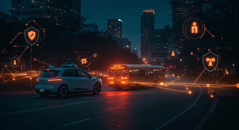 Robotaxi Waymo ignorando un autobús escolar detenido en Atlanta bajo investigación, simbolizando retos en movilidad autónoma y regulación tecnológica.