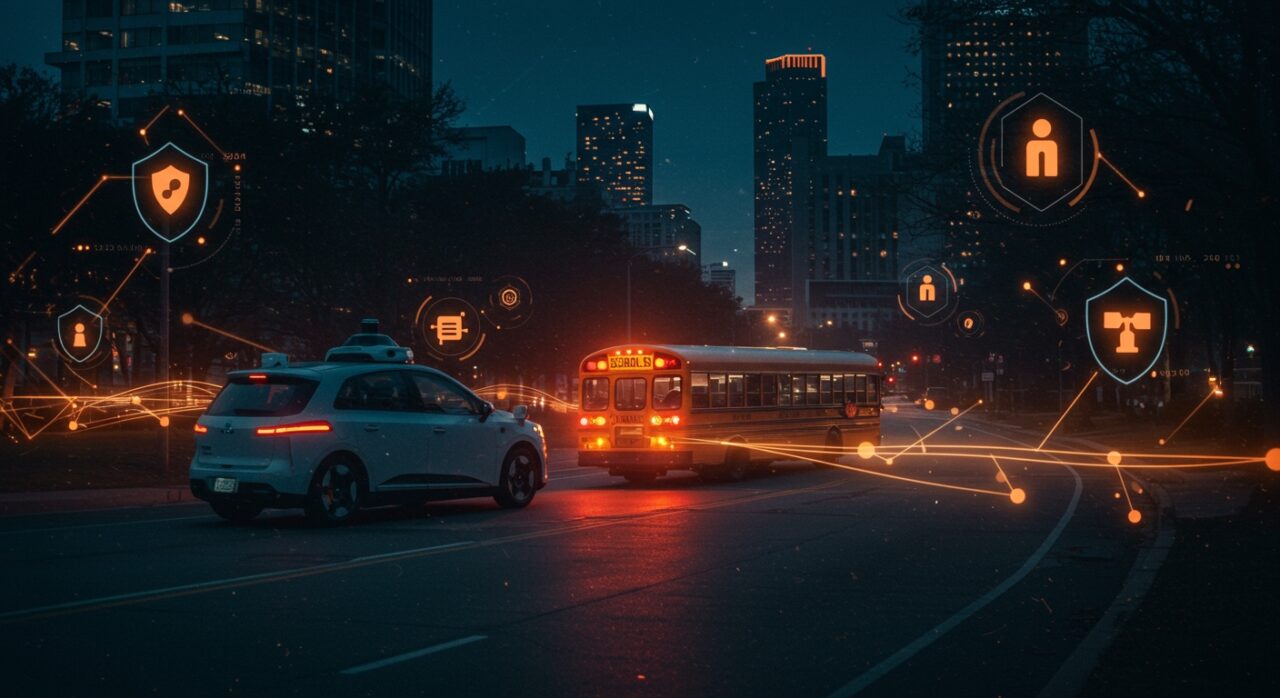 Robotaxi Waymo ignorando un autobús escolar detenido en Atlanta bajo investigación, simbolizando retos en movilidad autónoma y regulación tecnológica.