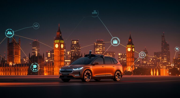 Robotaxi de Waymo en Londres representando el lanzamiento del servicio de movilidad autónoma y la innovación tecnológica en startups del Reino Unido.