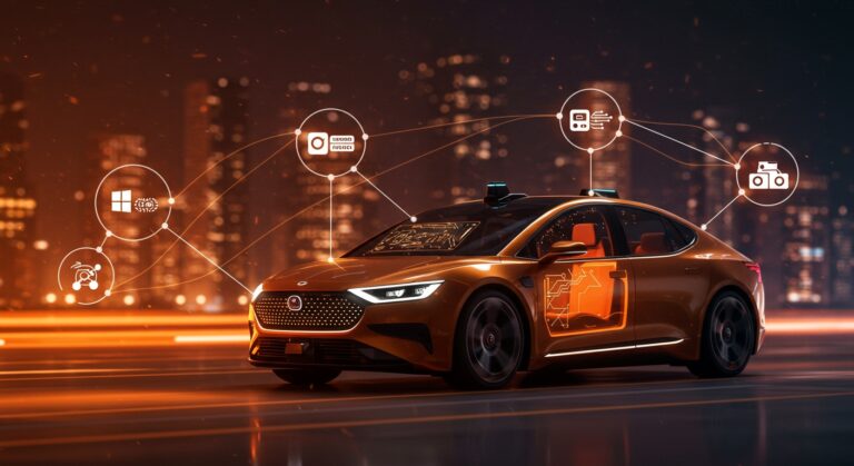 Vehículo autónomo futurista impulsado por inteligencia artificial recibiendo inversión significativa para tecnología de conducción autónoma.