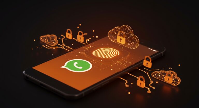 Smartphone con WhatsApp mostrando activación de claves biométricas para copias de seguridad cifradas en la nube, destacando ciberseguridad y privacidad.