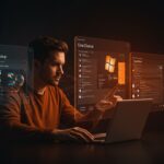 Tech founder concentrado revisando interfaces de Windows Backup y OneDrive, representando lecciones de experiencia de usuario y diseño de producto para startups tech.