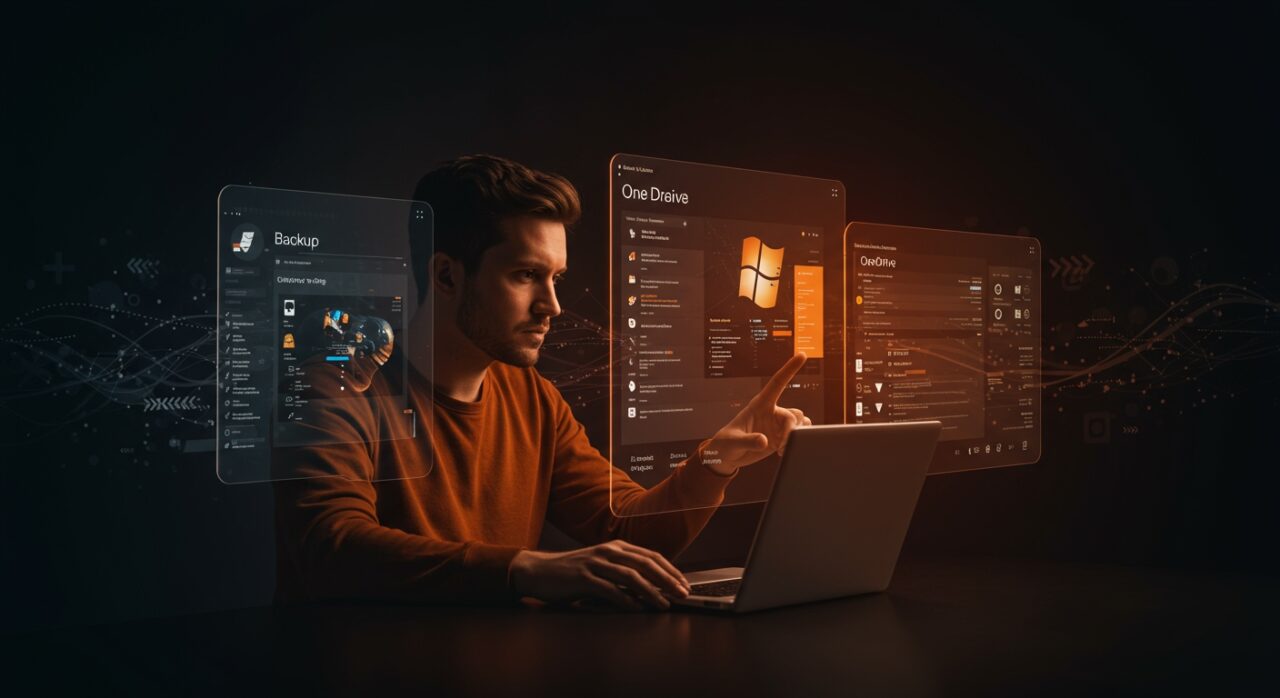 Tech founder concentrado revisando interfaces de Windows Backup y OneDrive, representando lecciones de experiencia de usuario y diseño de producto para startups tech.