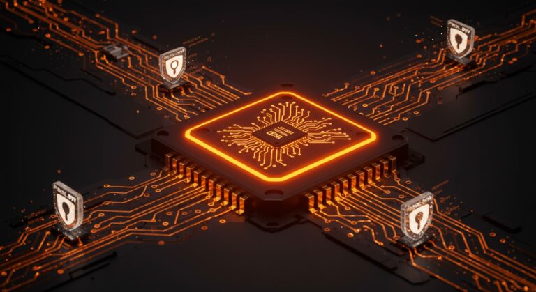 Chip FPGA iluminado en naranja que representa Wireguard VPN acelerada por hardware para seguridad informática en startups tecnológicas.