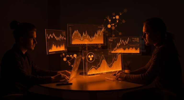 Equipo de startup analizando la volatilidad del precio de XRP para implementar estrategias de gestión de riesgo en nómina crypto 2025.