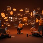 YouTubers diversificando ingresos a través de modelos de negocio digitales innovadores en 2025, representado con iconografía y paleta naranja y negro de Ecosistema Startup.