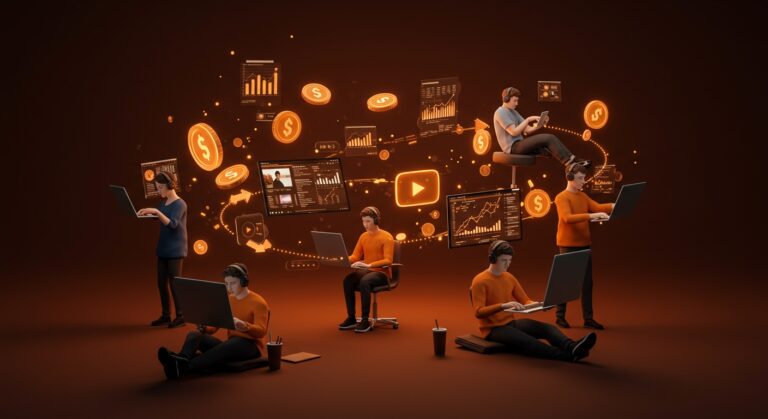 YouTubers diversificando ingresos a través de modelos de negocio digitales innovadores en 2025, representado con iconografía y paleta naranja y negro de Ecosistema Startup.