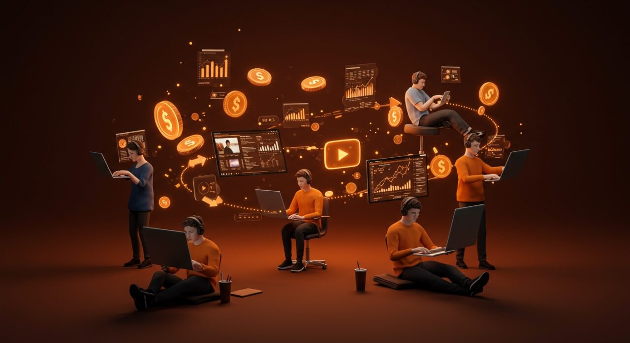 YouTubers diversificando ingresos a través de modelos de negocio digitales innovadores en 2025, representado con iconografía y paleta naranja y negro de Ecosistema Startup.