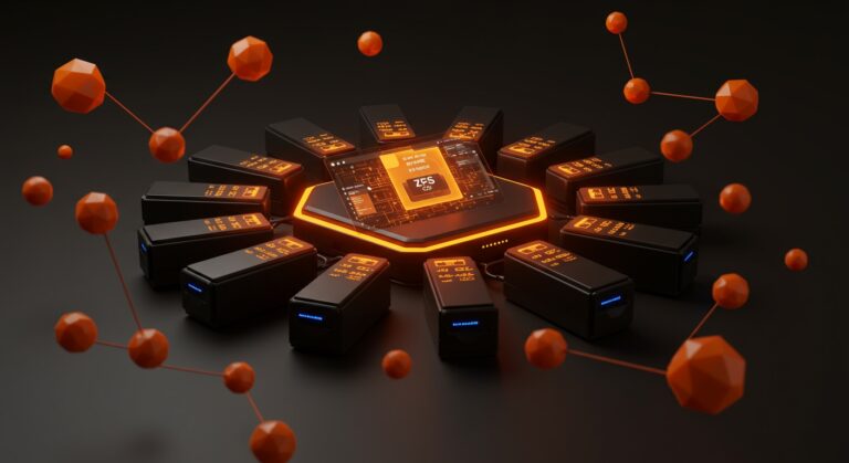 Almacenamiento innovador para startups con ZFS y doce USB realizando gestión avanzada y protección de datos.