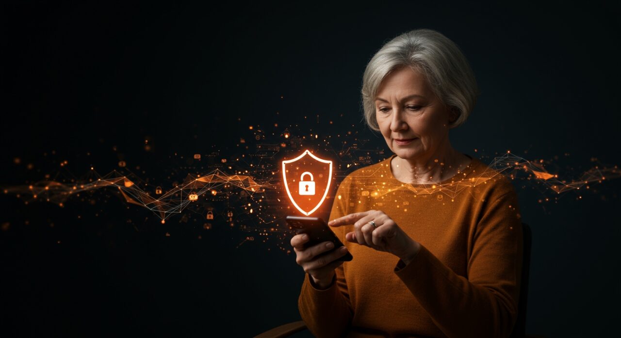 Aplicación ZoraSafe protegiendo a adultos mayores de estafas online mediante inteligencia artificial y seguridad digital innovadora.