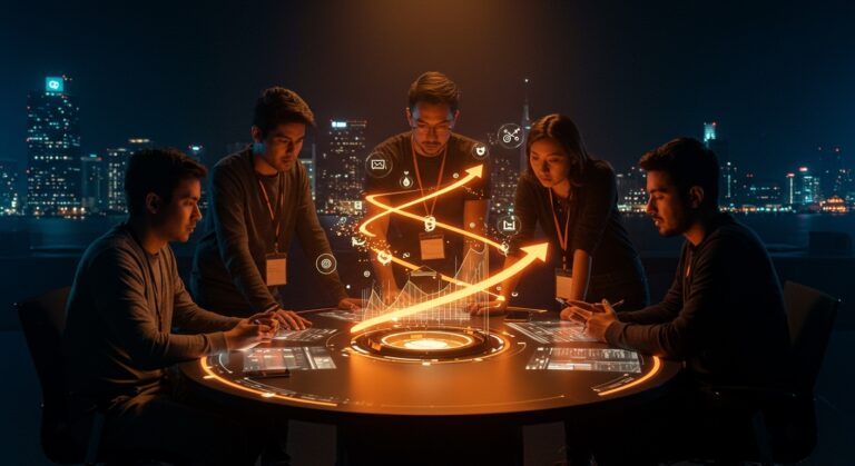 Convocatoria de inversión en startups LATAM mostrando emprendedores colaborando con redes globales e iconografía de Silicon Valley en tonos naranja y negro.