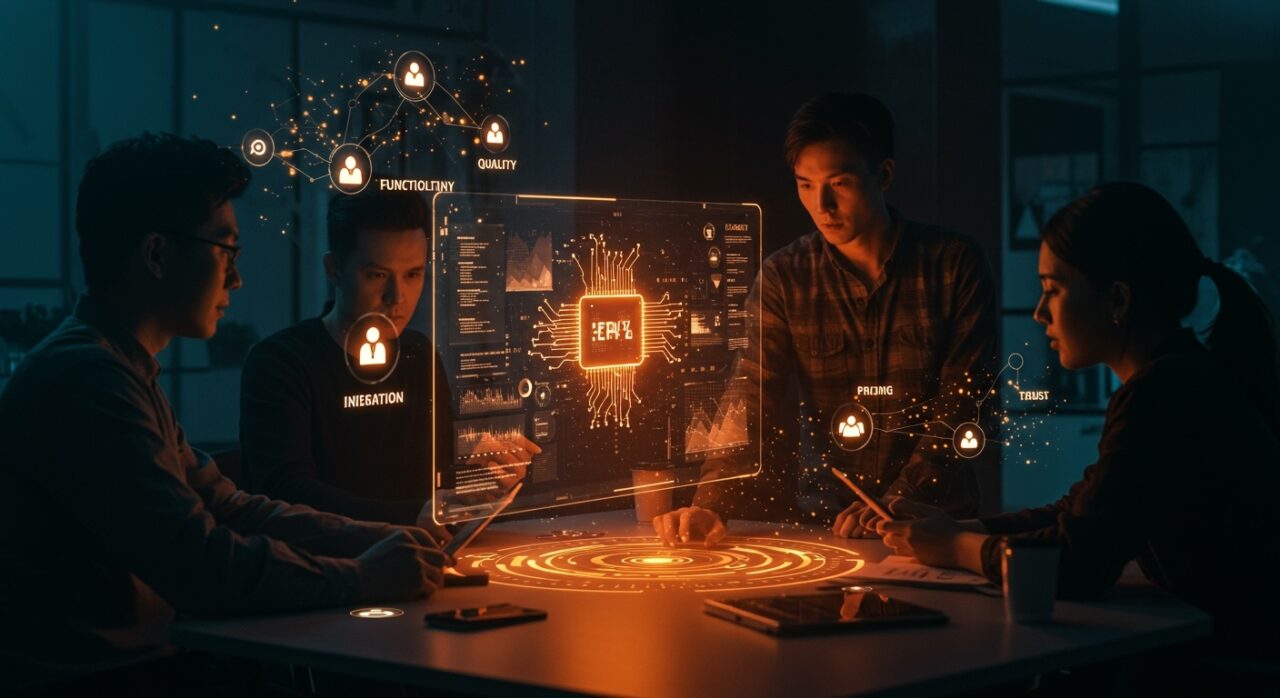 Startup colaborando alrededor de interfaz digital futurista que simboliza el cambio tecnológico y la gestión de tecnología en innovación startup.