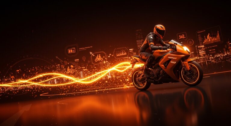 Inversión en movilidad y startups representada por motociclista dinámico y flujos digitales en paleta naranja y negro.