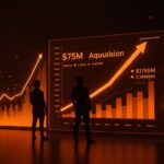 Fundador tech frente a gráficos digitales que simbolizan adquisición y tendencias de funding en startups.
