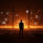 Silueta contemplativa frente a un paisaje digital con redes neuronales y símbolos de inteligencia artificial general, representando la narrativa conspirativa en tecnología actual.