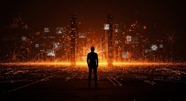 Silueta contemplativa frente a un paisaje digital con redes neuronales y símbolos de inteligencia artificial general, representando la narrativa conspirativa en tecnología actual.