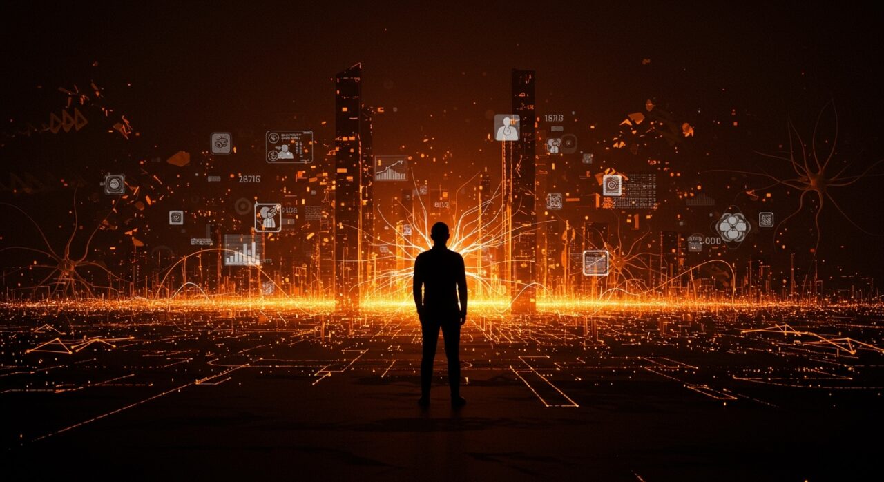 Silueta contemplativa frente a un paisaje digital con redes neuronales y símbolos de inteligencia artificial general, representando la narrativa conspirativa en tecnología actual.