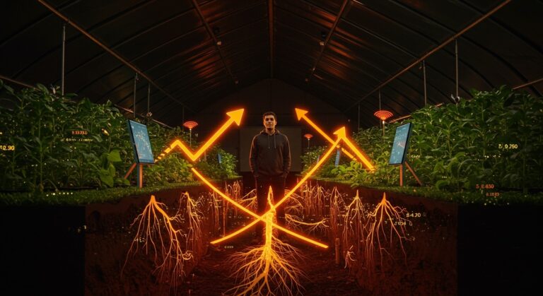 Fundador agro-tech en invernadero digital mostrando agricultura digital y financiación sostenible para startups agroecológicas.