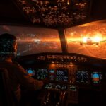 Airbus A320 con actualización de software frente a riesgo de radiación solar representado por destellos solares, destacando control de vuelo y mitigación de riesgos en aviación.