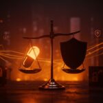 Balanza de justicia simbolizando la clasificación de drogas en agresiones sexuales como armas en Alemania, integrada con tecnología y políticas de seguridad contra la violencia de género.