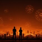 Líderes de OpenAI y Microsoft enfrentando desafíos de consumo energético para IA con infraestructura tecnológica y redes neuronales abstractas.