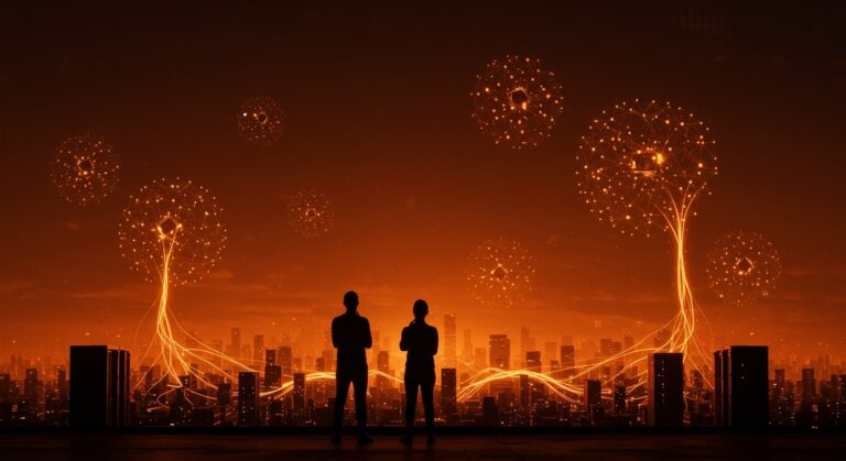 Líderes de OpenAI y Microsoft enfrentando desafíos de consumo energético para IA con infraestructura tecnológica y redes neuronales abstractas.