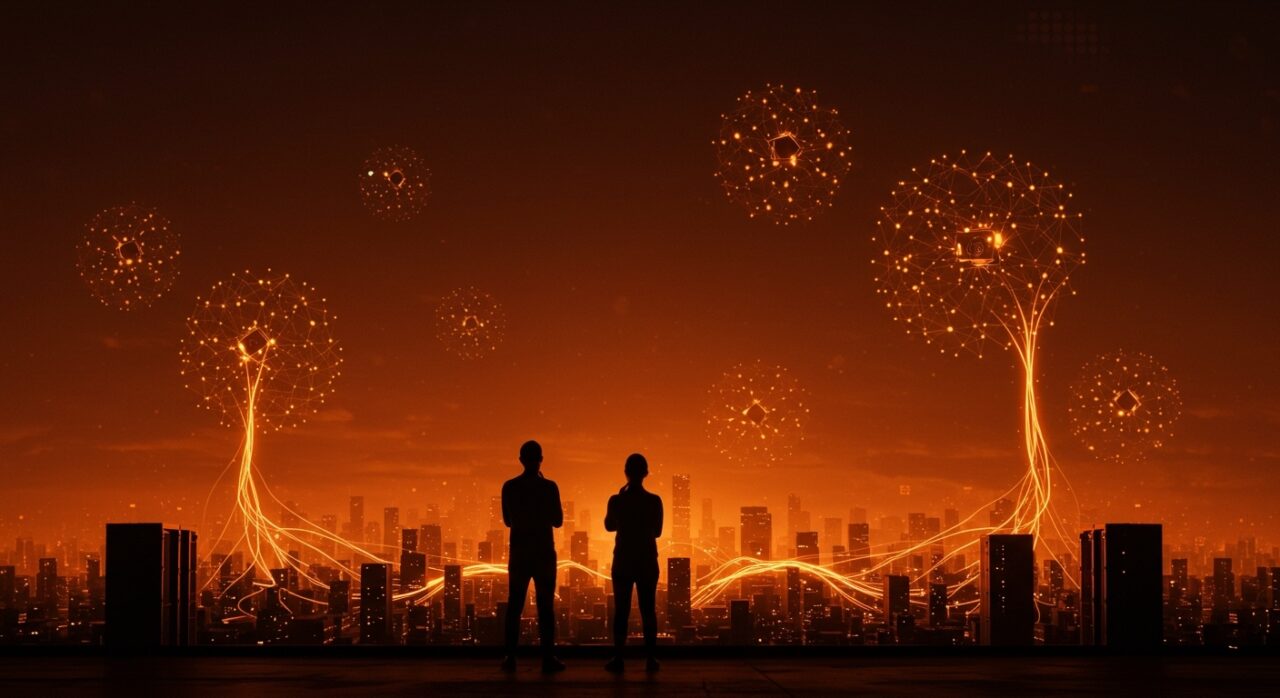 Líderes de OpenAI y Microsoft enfrentando desafíos de consumo energético para IA con infraestructura tecnológica y redes neuronales abstractas.