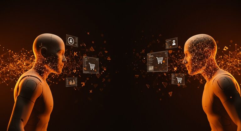 Confrontación visual entre Amazon y Perplexity sobre uso de IA en comercio electrónico, representando disputa legal y automatización.