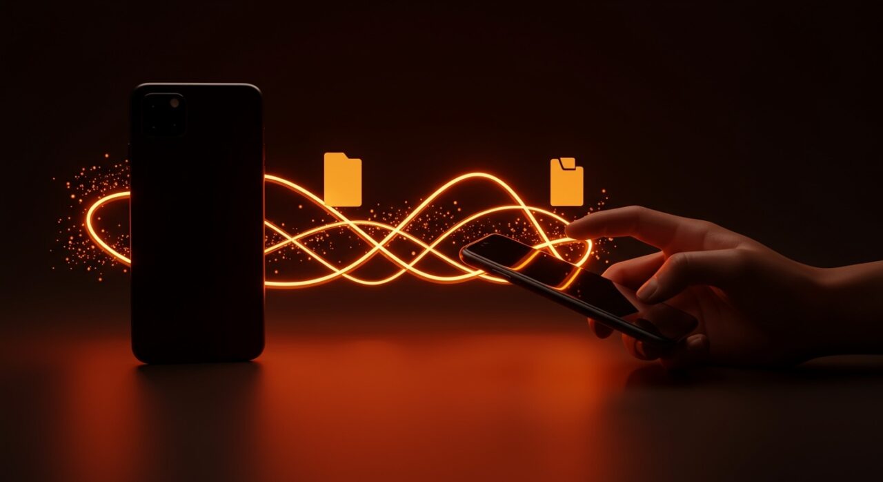 Founder usando Pixel 10 compartiendo archivos con iPhone mediante Android Quick Share y AirDrop, destacando interoperabilidad móvil para startups tech.