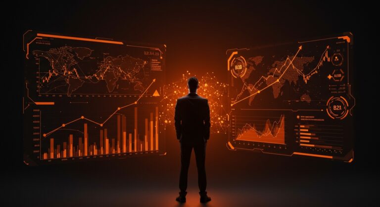 Ejecutivo de Anthropic frente a gráficos digitales que ilustran el crecimiento en ingresos B2B proyectados y tendencias del mercado tecnológico.