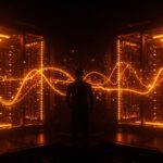 Centro de datos con iluminación naranja representando la inversión de 50.000 millones de dólares en IA de Anthropic y el crecimiento en tecnología startup.