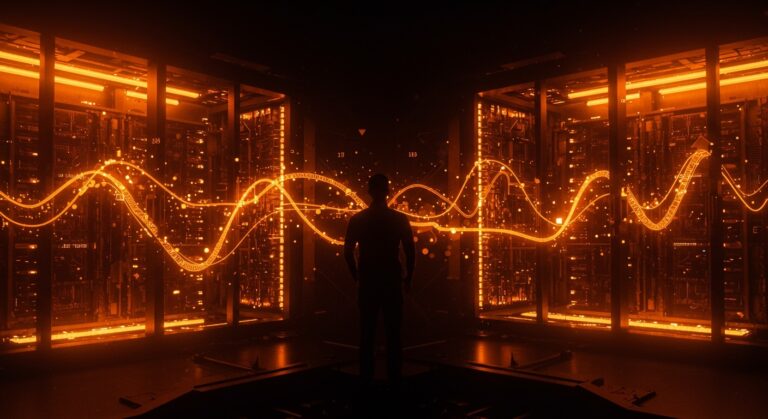 Centro de datos con iluminación naranja representando la inversión de 50.000 millones de dólares en IA de Anthropic y el crecimiento en tecnología startup.