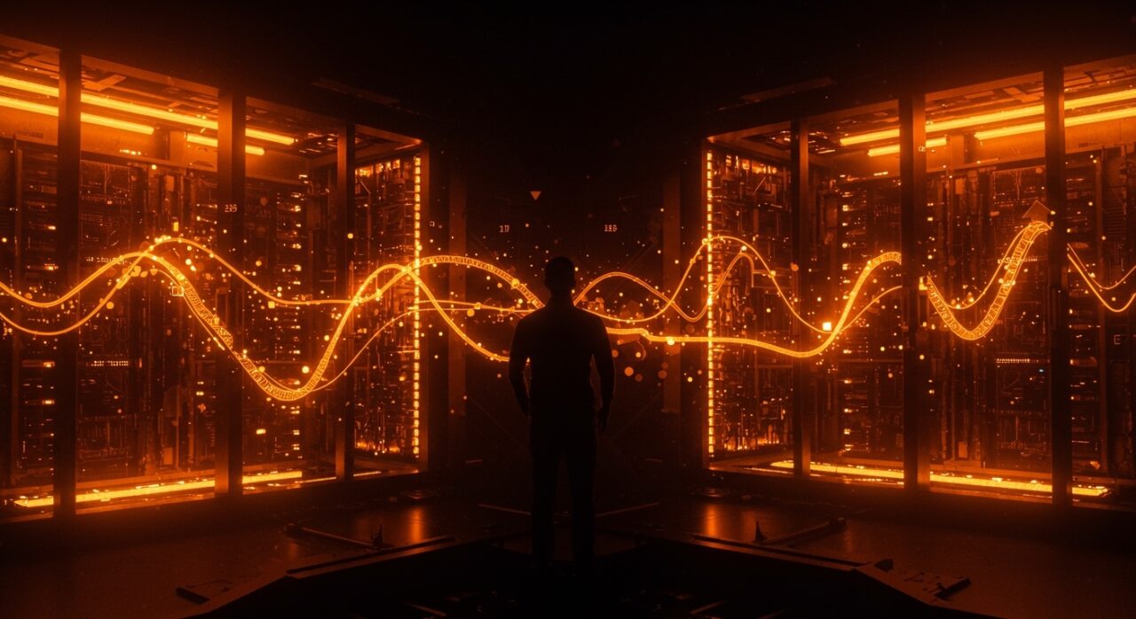 Centro de datos con iluminación naranja representando la inversión de 50.000 millones de dólares en IA de Anthropic y el crecimiento en tecnología startup.