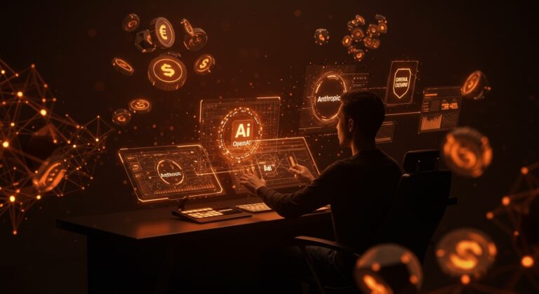 Interfaz futurista mostrando enrutamiento automatizado de IA para optimización de costos con proveedores OpenAI, Anthropic y Google Gemini en startups.