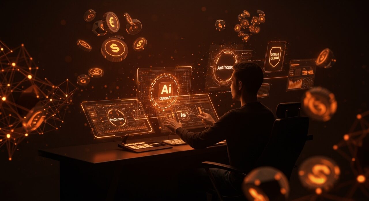 Interfaz futurista mostrando enrutamiento automatizado de IA para optimización de costos con proveedores OpenAI, Anthropic y Google Gemini en startups.