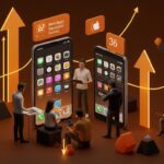 Emprendedores de startups colaborando con interfaces digitales de mini apps iOS, simbolizando monetización y desarrollo tecnológico en el ecosistema Apple.