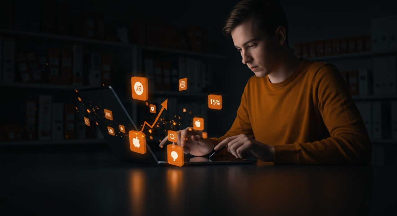 Desarrollador de mini apps trabajando, destacando la reducción de comisiones de Apple y oportunidades para startups en el App Store.