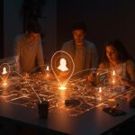 Apps de amistad y ubicación con interfaz digital innovadora en tonos naranja y negro, destacando oportunidades tecnológicas y privacidad en LATAM.