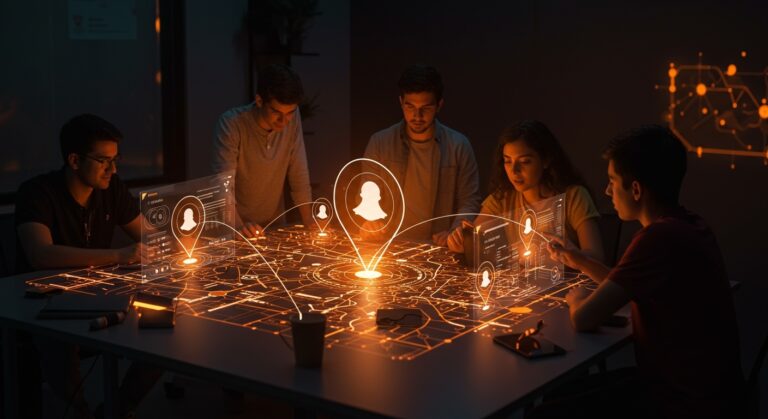 Apps de amistad y ubicación con interfaz digital innovadora en tonos naranja y negro, destacando oportunidades tecnológicas y privacidad en LATAM.