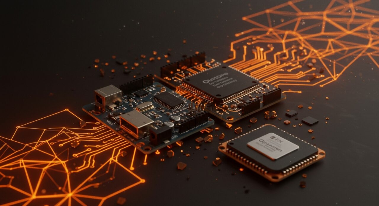 Placa Arduino fusionándose con chip Qualcomm simbolizando la crisis y oportunidades del hardware abierto en la comunidad maker LATAM.