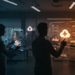 Profesionales colaborando con interfaces digitales que representan la inteligencia artificial y transformación digital en el sector salud impulsadas por AstraZeneca y Microsoft en España.