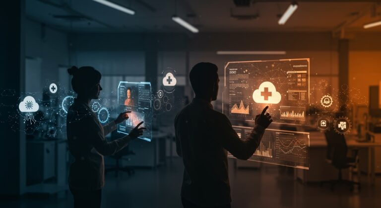 Profesionales colaborando con interfaces digitales que representan la inteligencia artificial y transformación digital en el sector salud impulsadas por AstraZeneca y Microsoft en España.