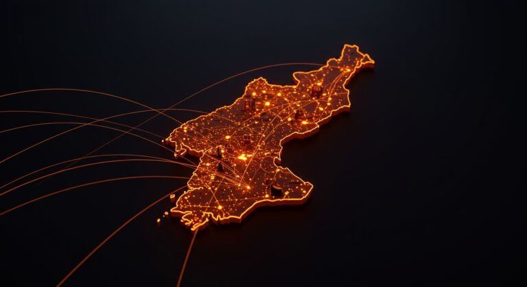 Atlas oficial de Corea del Norte con mapas geopolíticos y narrativa visual destacada en colores naranja y negro para análisis de tendencias de mercado.