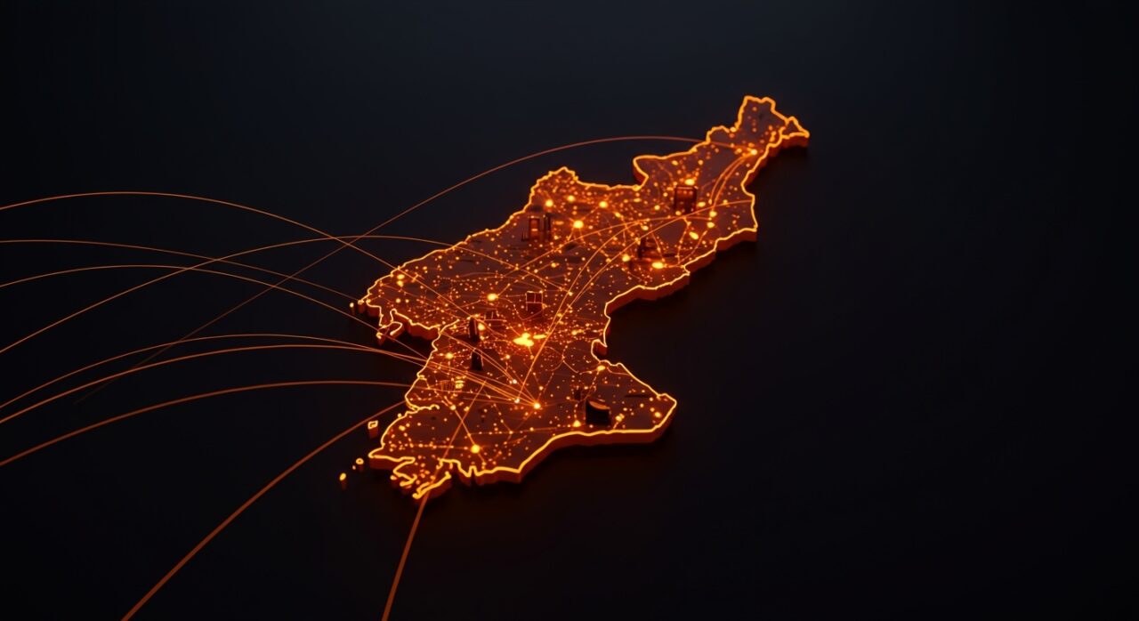 Atlas oficial de Corea del Norte con mapas geopolíticos y narrativa visual destacada en colores naranja y negro para análisis de tendencias de mercado.