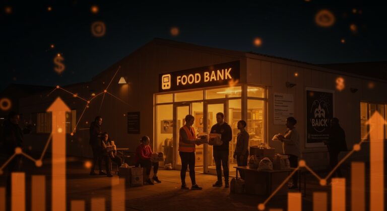 Voluntario distribuyendo alimentos en banco de alimentos del Reino Unido, ilustrando el aumento en la demanda y el impacto social durante la crisis del costo de vida.