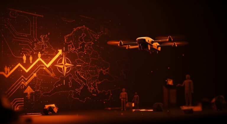 Microdrone táctico de startup española Aurea Avionics volando sobre mapa digital con símbolos de OTAN y metáforas visuales de escalabilidad y tecnología militar.