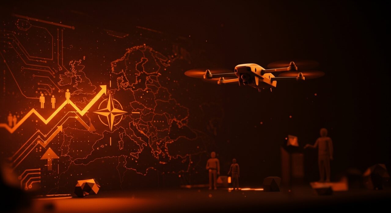 Microdrone táctico de startup española Aurea Avionics volando sobre mapa digital con símbolos de OTAN y metáforas visuales de escalabilidad y tecnología militar.