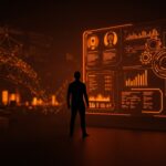 Automatización y eficiencia gubernamental representadas con un emprendedor tecnológico frente a un panel digital en tonos naranja y negro, reflejando innovación en la gestión pública.