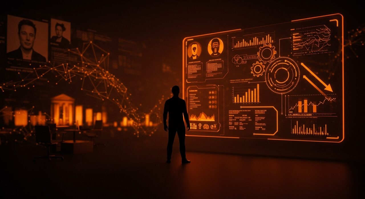 Automatización y eficiencia gubernamental representadas con un emprendedor tecnológico frente a un panel digital en tonos naranja y negro, reflejando innovación en la gestión pública.