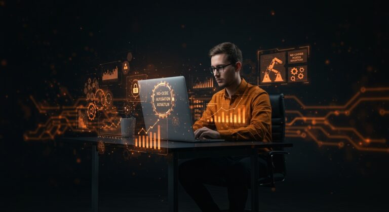 Fundador utilizando automatización sin código para reducir costos y acelerar innovación en empresas startups con tecnología Expressonic.